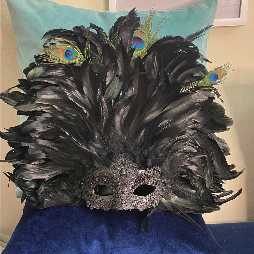 Black Feather Masquerade Mask with Peacock Accents